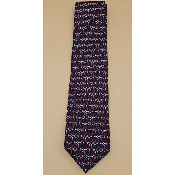 Vintage Burberry’s Silk Tie Navy Red Ring-Link Silk Necktie Luxury Accessory - Picture 3 of 9